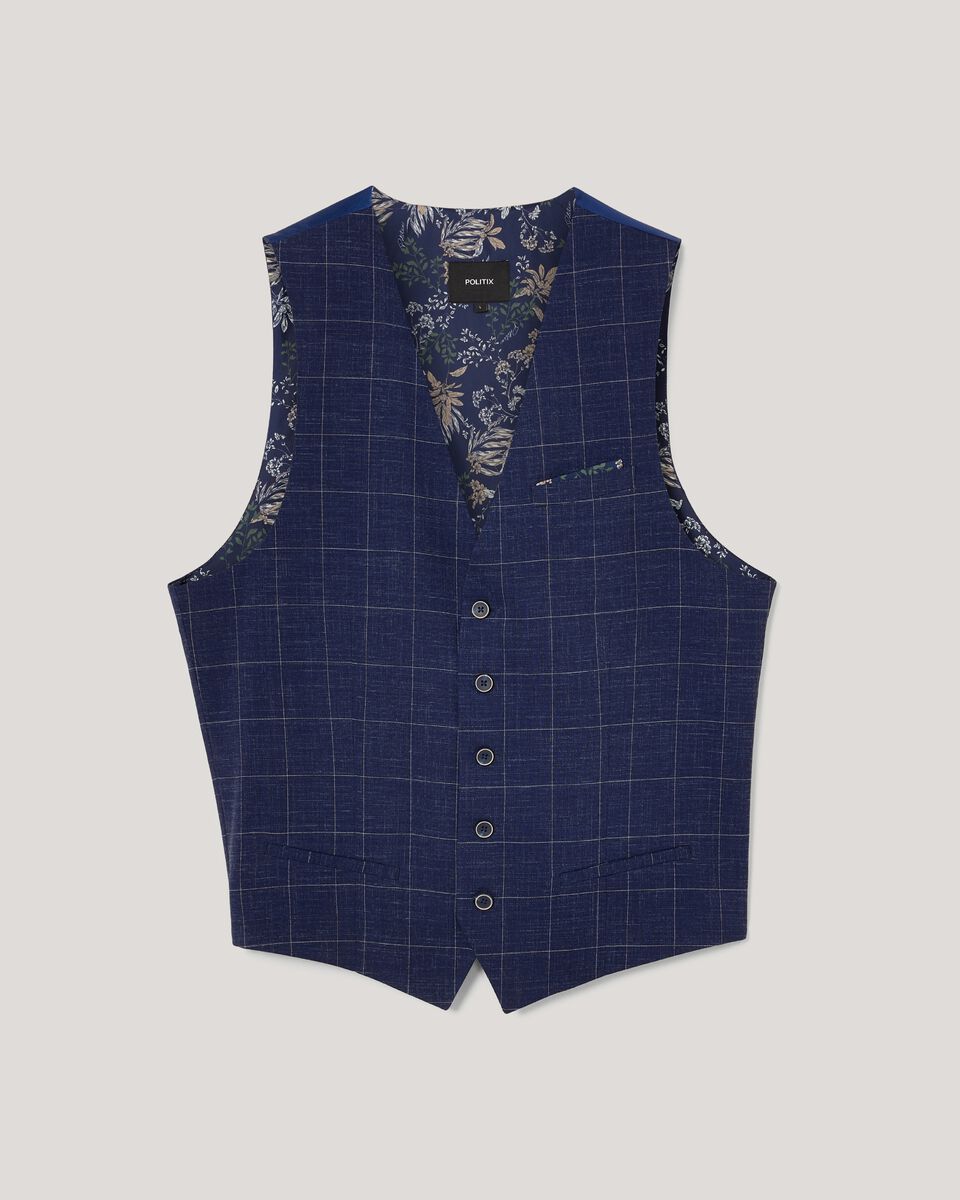 5 Button Windowpane Check Tailored Vest, Navy Windowpane, hi-res